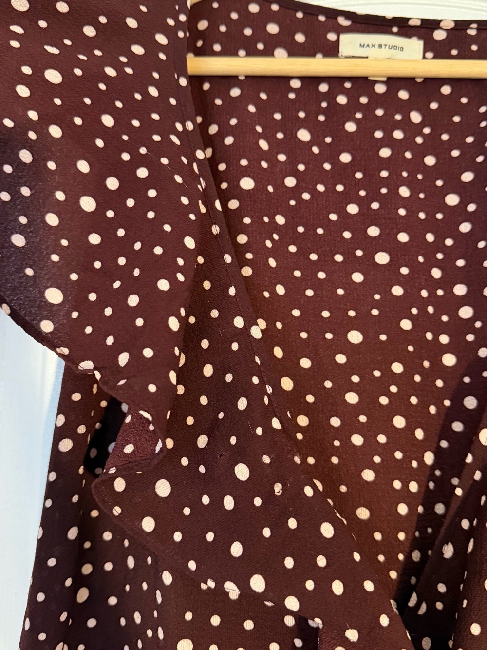 Max Studio Brown Polka Dot Ruffle Wrap Midi Dress Size L - Picture 6 of 14